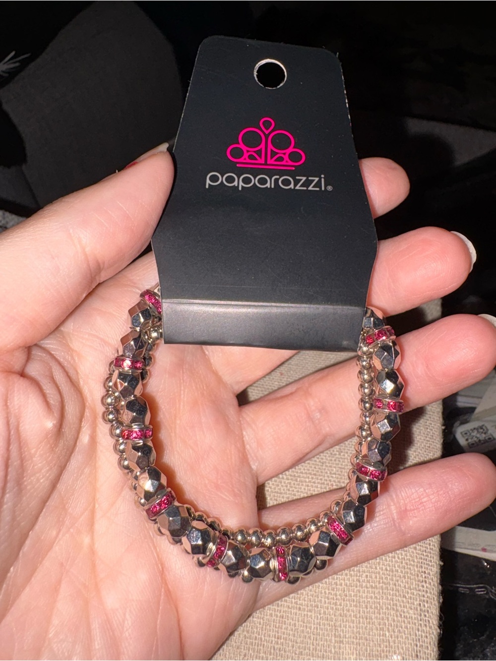 Paparazzi Silver and Pink Faceted Beaded Stretch Bracelet